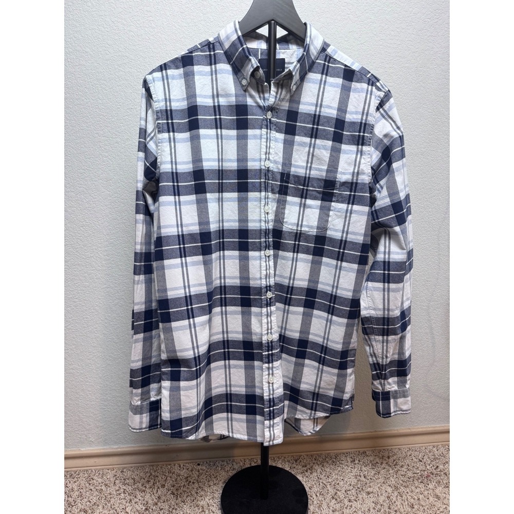 American Eagle Mens Medium Tall Navy White Plaid Long Sleeve Button Down Shirt